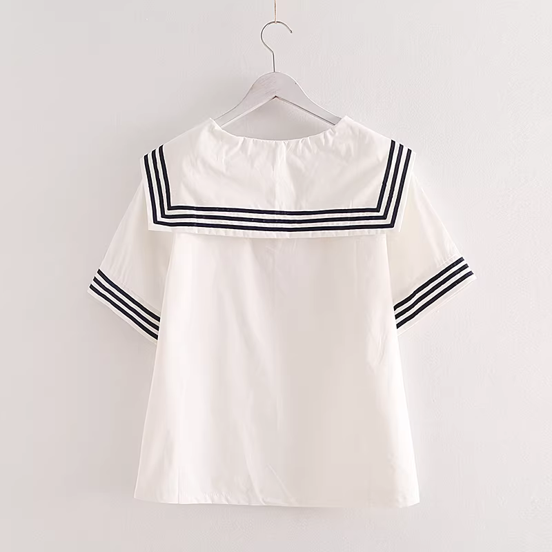 Dream Box 2023 Mùa Hè Mới Ngọt Nơ Áo Sơ Mi Cotton Nữ Hải Quân Cổ Tay Ngắn Rời Cổ Áo Sơ Mi Trắng