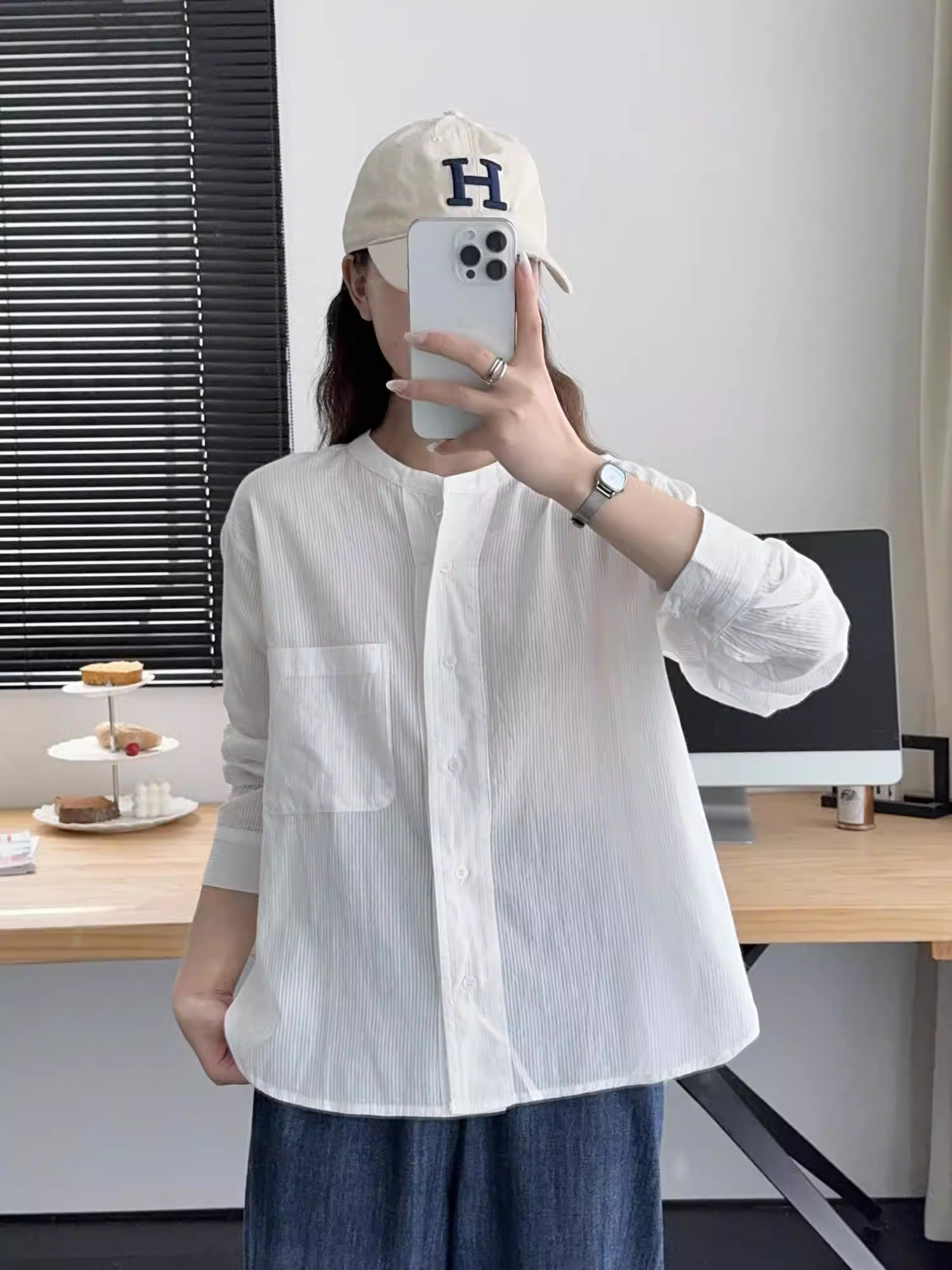 Áo sơ mi cotton dáng rộng cổ đứng tay dài màu trơn phong cách mới thu đông 2024 Dream Box dành cho nữ