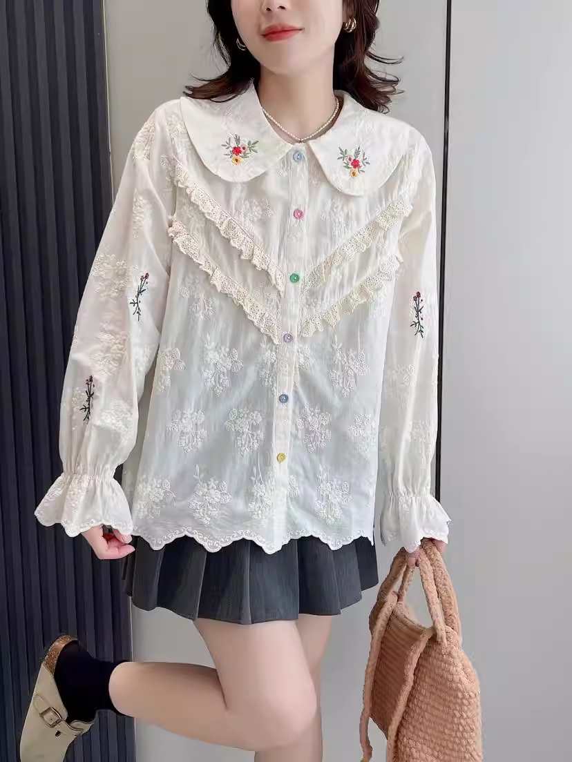 Áo sơ mi cotton nguyên chất thêu hoa phong cách mới Xuân 2024, cổ búp bê, tay dài bèo nhún, nhiều màu sắc, cúc cài, dáng rộng, thương hiệu Dream Box