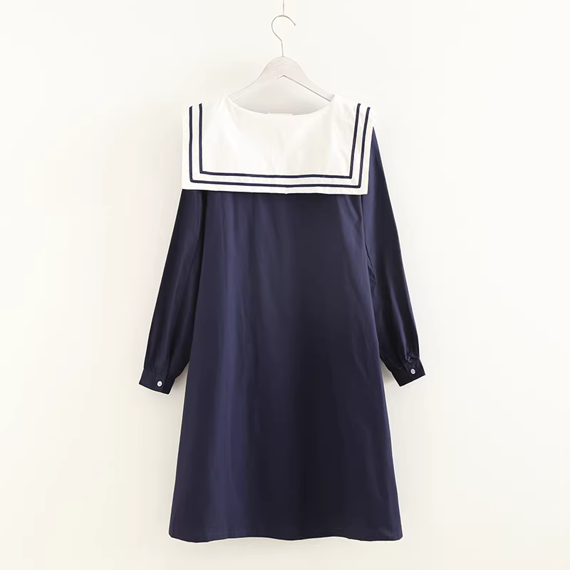 Dream Box 2022 Thu Đông Phong Cách Mới Váy Cotton Chữ A Phong Cách Hàng Hải Cho Nữ Có Nút Thắt Không Đều Và Cổ Thủy Thủ Tay Dài