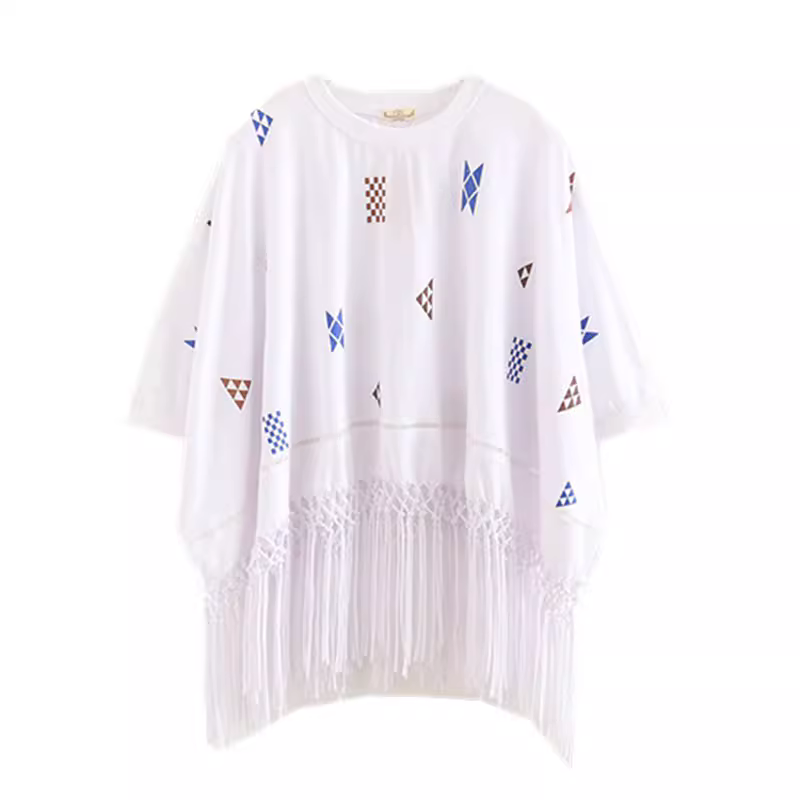 Dream Box 2022 Mùa Hè Mới Họa Tiết Hình Học In Hình Mũi Nữ Cổ Tròn Đa Năng Rời Handmade Tua Rua Áo Thun Cotton