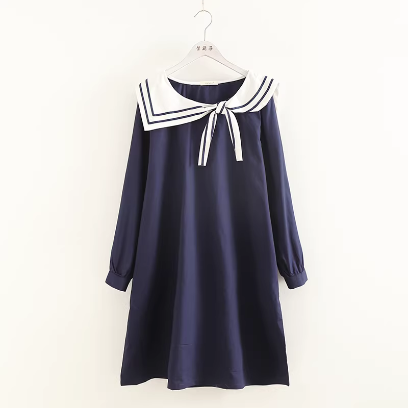 Dream Box 2022 Thu Đông Phong Cách Mới Váy Cotton Chữ A Phong Cách Hàng Hải Cho Nữ Có Nút Thắt Không Đều Và Cổ Thủy Thủ Tay Dài