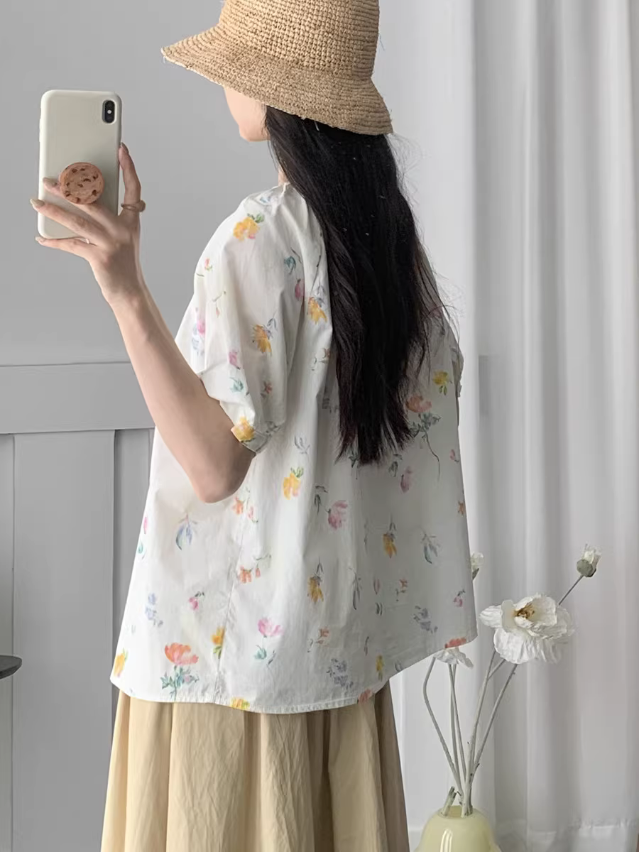 Áo sơ mi cotton in hoa tươi mới mùa hè Dream Box 2025, cổ tròn, tay ngắn, dáng rộng, kiểu trẻ trung