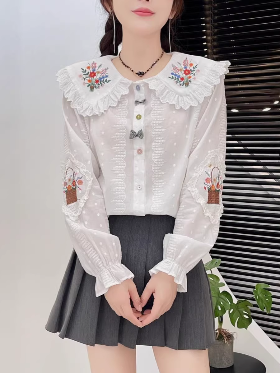 Áo sơ mi cotton thêu họa tiết Dream Box 2024 Thu mới, cổ ren, tay dài, nhiều màu, cúc áo, dáng rộng dành cho nữ