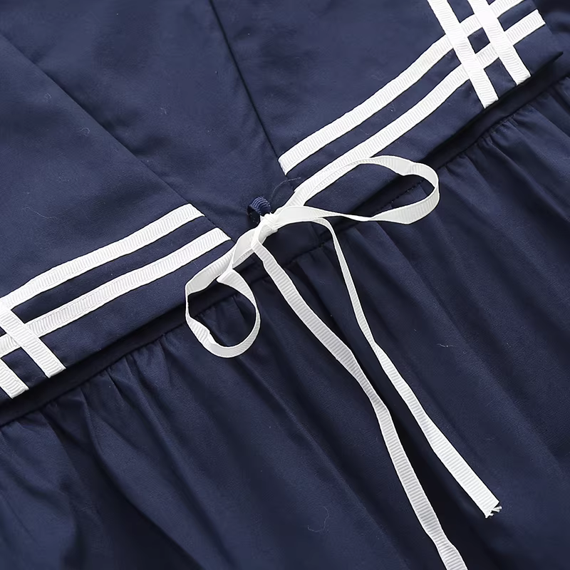 Dream Box 20234 Mùa hè mới Váy cotton dáng rộng có dây buộc cổ màu hải quân mới