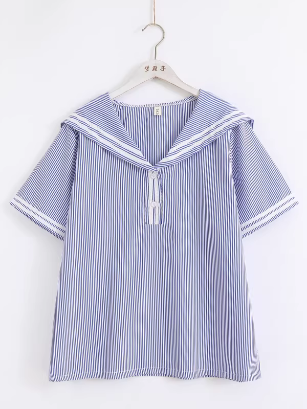 Áo sơ mi cotton phong cách Nhật Bản mùa hè Dream Box 2025, cổ thủy thủ, tay ngắn, dáng rộng, trẻ trung.