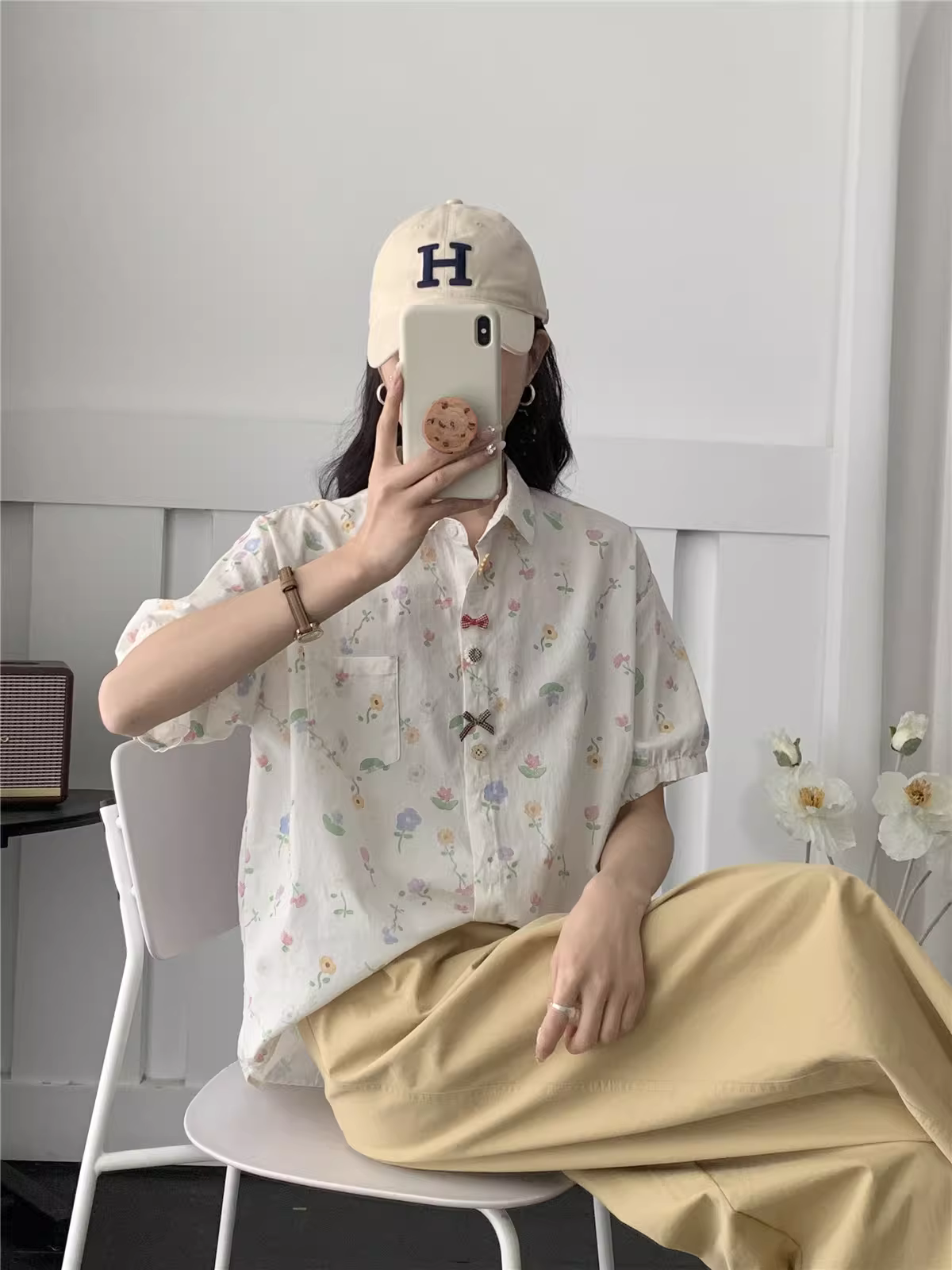 Dream Box 2025 Áo sơ mi cotton in họa tiết hoa tươi mới phong cách mùa hè mới có cổ bẻ, cúc nhiều màu, tay ngắn, dáng rộng, áo sơ mi giảm tuổi tác.