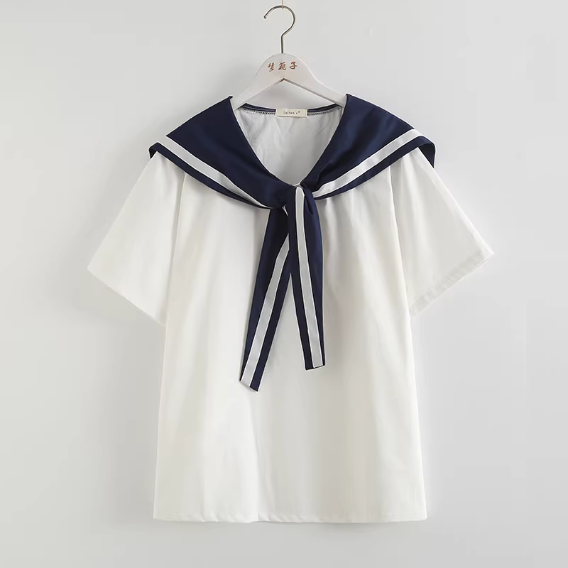 Dream Box 2023 Mùa Hè Phong Cách Mới Màu Khối Chắp Vá Thắt Nút Chéo Cổ Thủy Thủ Áo Chui Đầu Ngắn Tay Áo Cotton Rộng Cho Nữ