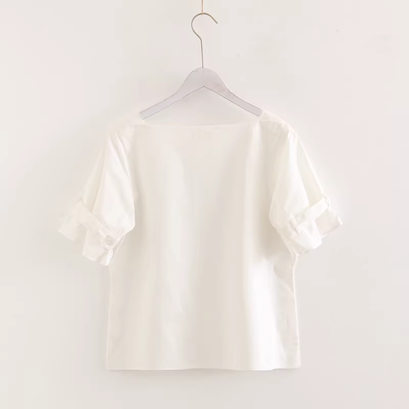 Áo sơ mi cotton màu trơn phong cách mới mùa hè 2022 Dream Box, cổ vuông, cài khuy, tay ngắn, dáng rộng, màu trắng, đa năng dành cho nữ