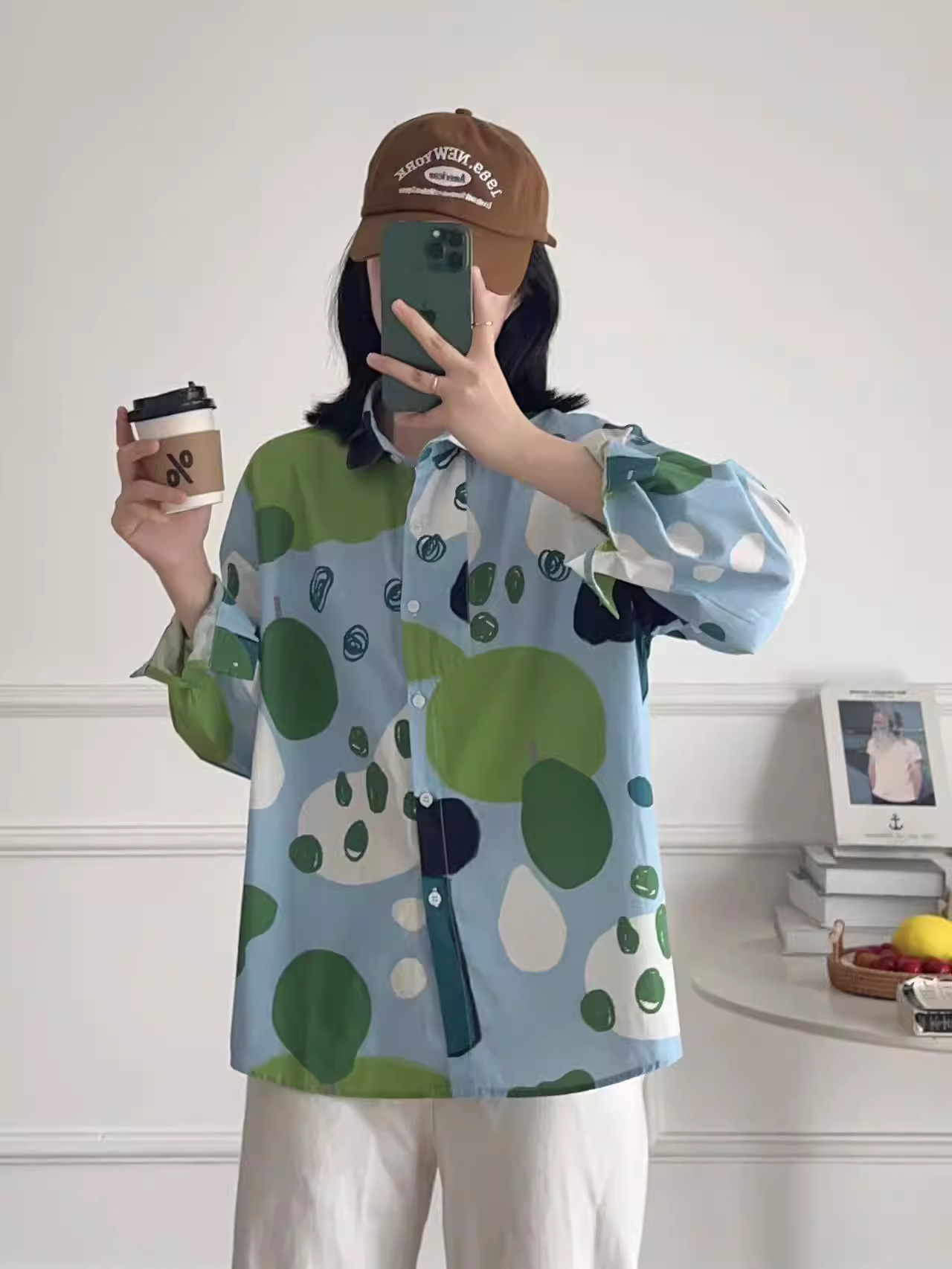 Dream Box 2023 Áo sơ mi cotton in họa tiết màu khối mới mùa thu có cổ bẻ, tay dài, áo sơ mi dáng rộng đa năng