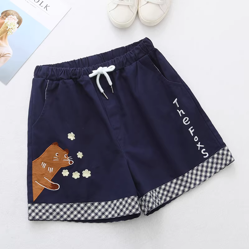 Dream Box 2023 Mùa Hè Mới Hoạt Hình Cáo Miếng Dán Thêu Học Sinh Thẳng Quần Lưng Thun Áo Cotton Quần Short Nữ