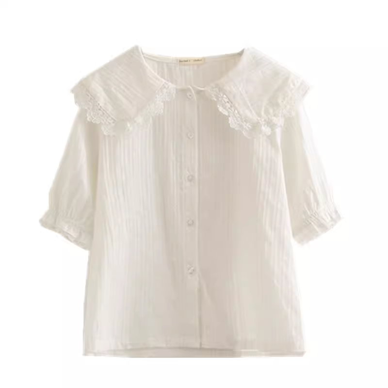 Áo sơ mi nữ cotton trắng tay ngắn kiểu dáng tươi mát, cổ búp bê viền ren, chất liệu jacquard, Dream Box 2024 mùa hè mới