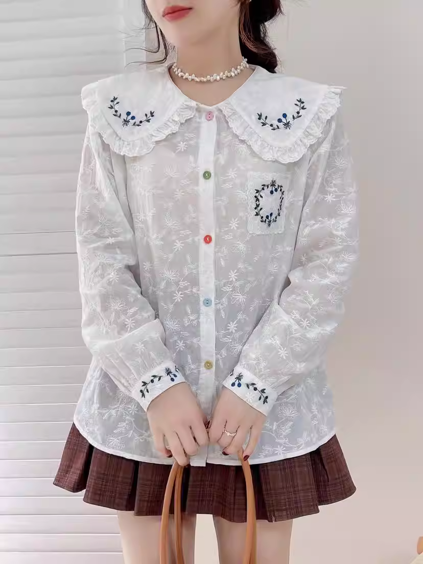 Áo sơ mi cotton thêu hoa ren cổ búp bê tay dài nhiều màu sắc kiểu mới Xuân 2025 Dream Box