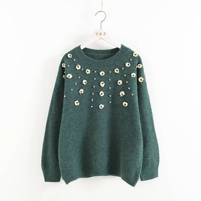 Dream Box 2023 Áo len đính hoa móc mới mùa thu dành cho nữ, áo chui đầu cổ tròn, tay dài, áo len dệt kim dáng rộng.