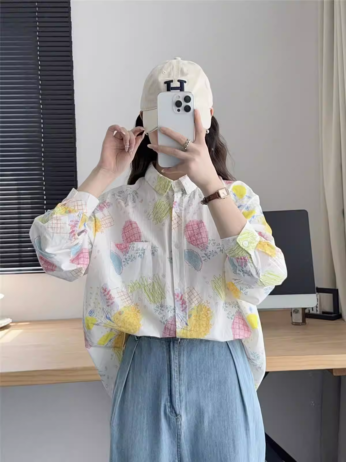 Áo sơ mi cotton in hình dứa ngọt mùa thu mới Dream Box 2024, cổ trụ, tay dài, dáng rộng, phong cách thường ngày