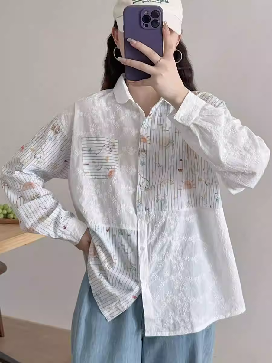 Áo sơ mi cotton in họa tiết hoạt hình mùa xuân 2025 Dream Box, phối sọc, phối vải, cổ ren, tay dài, dáng rộng