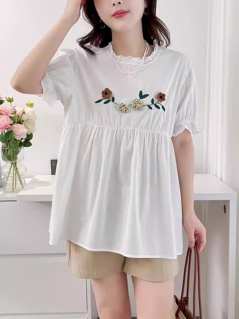Áo sơ mi cotton thêu hoa móc len mùa hè mới Dream Box 2024, cổ đứng, tay ngắn bèo nhún, dáng rộng