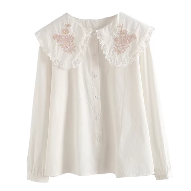 Áo sơ mi cotton thêu hoa vintage mùa xuân 2024 Dream Box, cổ Peter Pan ren, tay dài, dáng rộng, màu trắng dành cho nữ
