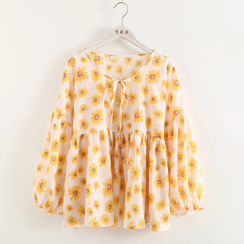 Dream Box 2023 Mùa Hè Mới Tươi Hoa Cúc Giảm Tuổi Áo Sơ Mi Búp Bê Buộc Dây Cổ Tròn Áo Chui Đầu Áo Sơ Mi Rộng Cho Nữ