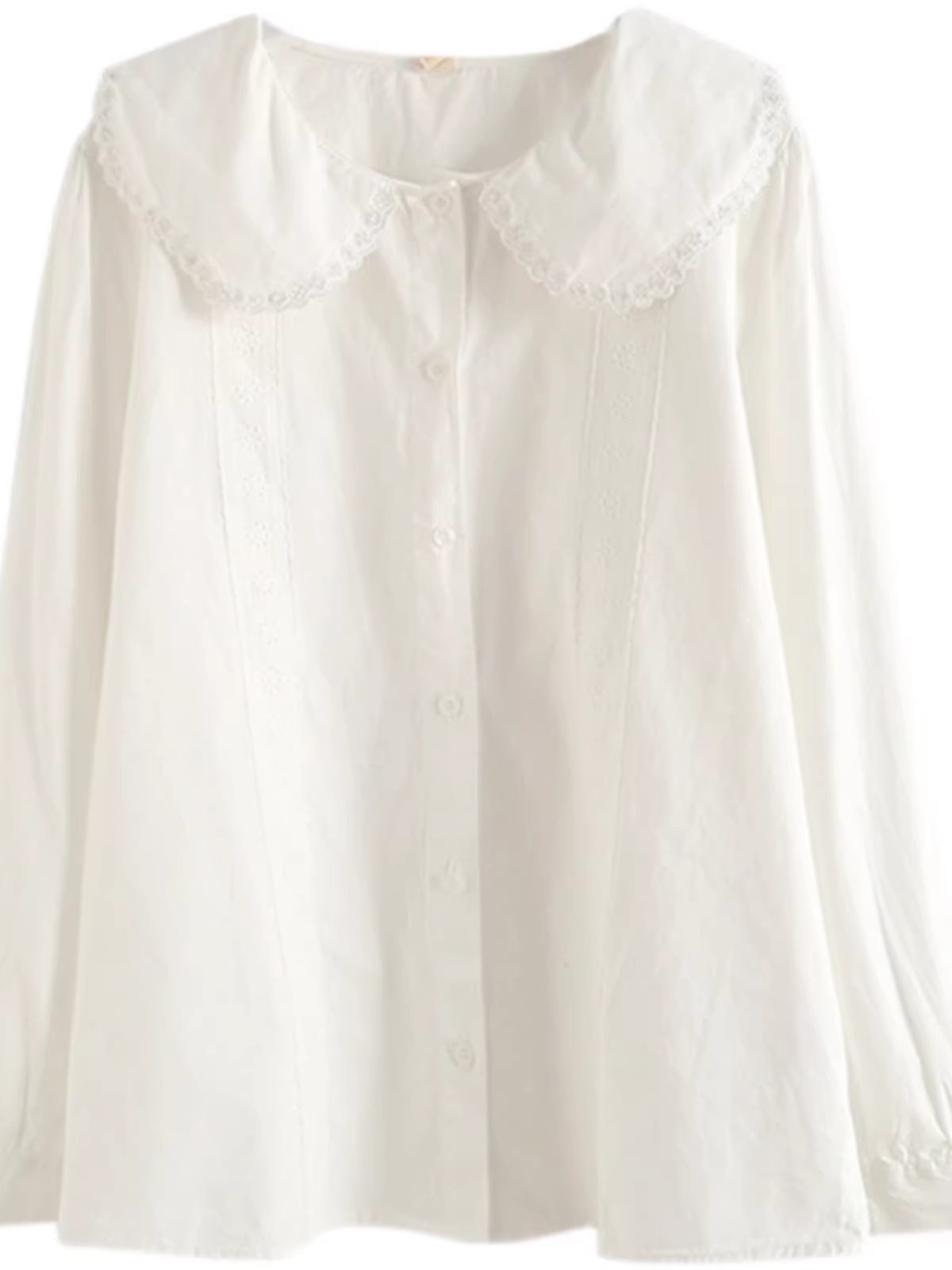 Áo sơ mi cotton phối ren thêu rỗng cổ búp bê dáng rộng màu trắng Dream Box Xuân 2025