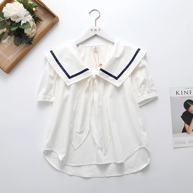 Áo sơ mi cotton màu trơn mùa hè Dream Box 2024 nữ, cổ thuyền tai thỏ, tay ngắn, đa năng, dáng rộng, màu trắng