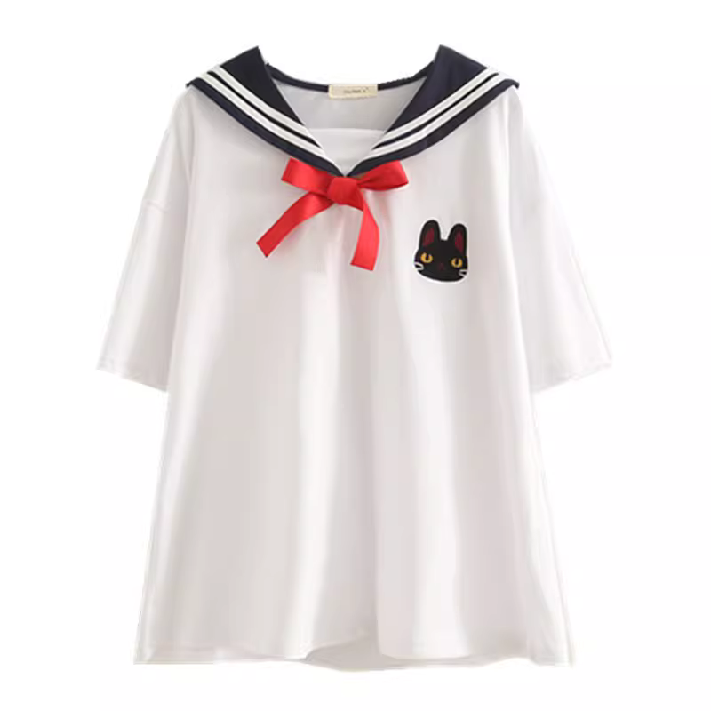 Áo thun nữ cotton dáng rộng tay ngắn cổ bẻ nơ thêu hình mèo mùa hè mới Dream Box 2024