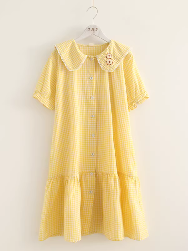 Váy cotton xếp ly kiểu mới mùa hè 2025 Dream Box, thêu hoa, cổ áo màu hải quân, tay ngắn, kẻ ô nhỏ dành cho nữ