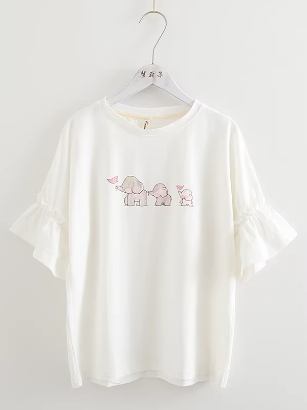 Dream Box 2025 Mùa hè Phong cách mới Ba chú voi nhỏ In hình học sinh Áo thun nữ tay loe xòe dáng rộng Áo thun cotton