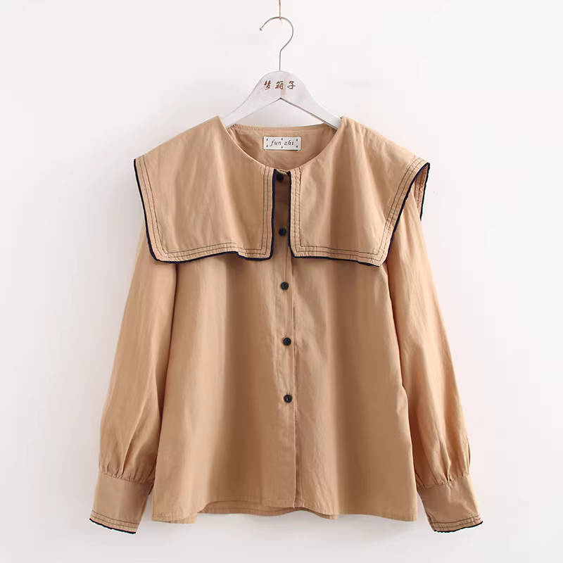 Áo sơ mi cotton cổ trụ màu xanh navy phối viền đen kiểu dáng mới Xuân 2024 của Dream Box dành cho nữ, kiểu dáng dài tay, rộng rãi, phong cách quý tộc.