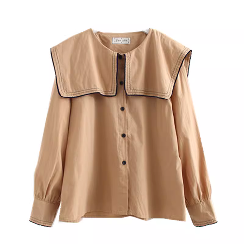 Áo sơ mi cotton cổ trụ màu xanh navy phối viền đen kiểu dáng mới Xuân 2024 của Dream Box dành cho nữ, kiểu dáng dài tay, rộng rãi, phong cách quý tộc.