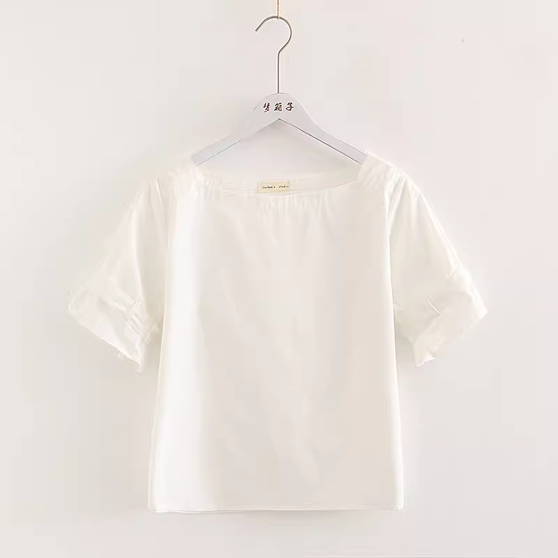 Áo sơ mi cotton màu trơn phong cách mới mùa hè 2022 Dream Box, cổ vuông, cài khuy, tay ngắn, dáng rộng, màu trắng, đa năng dành cho nữ