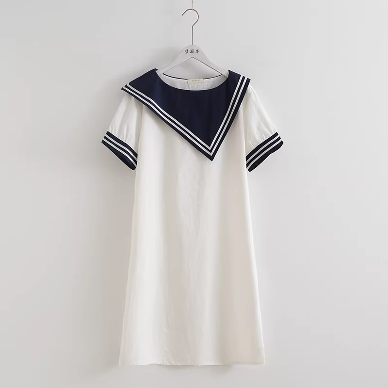 Đầm cotton dáng chữ A tay ngắn màu phối cổ áo hải quân không đều kiểu mới hè 2024 Dream Box dành cho nữ