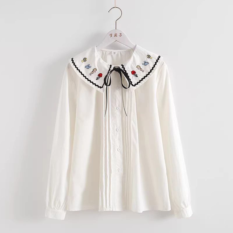 Áo sơ mi cotton thêu hình động vật biển phong cách mới Thu 2021 Dream Box, cổ búp bê, tay dài, dáng rộng, màu trắng dành cho nữ