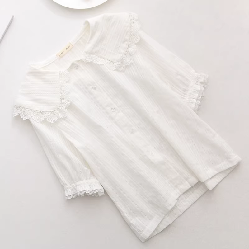 Áo sơ mi nữ cotton trắng tay ngắn kiểu dáng tươi mát, cổ búp bê viền ren, chất liệu jacquard, Dream Box 2024 mùa hè mới