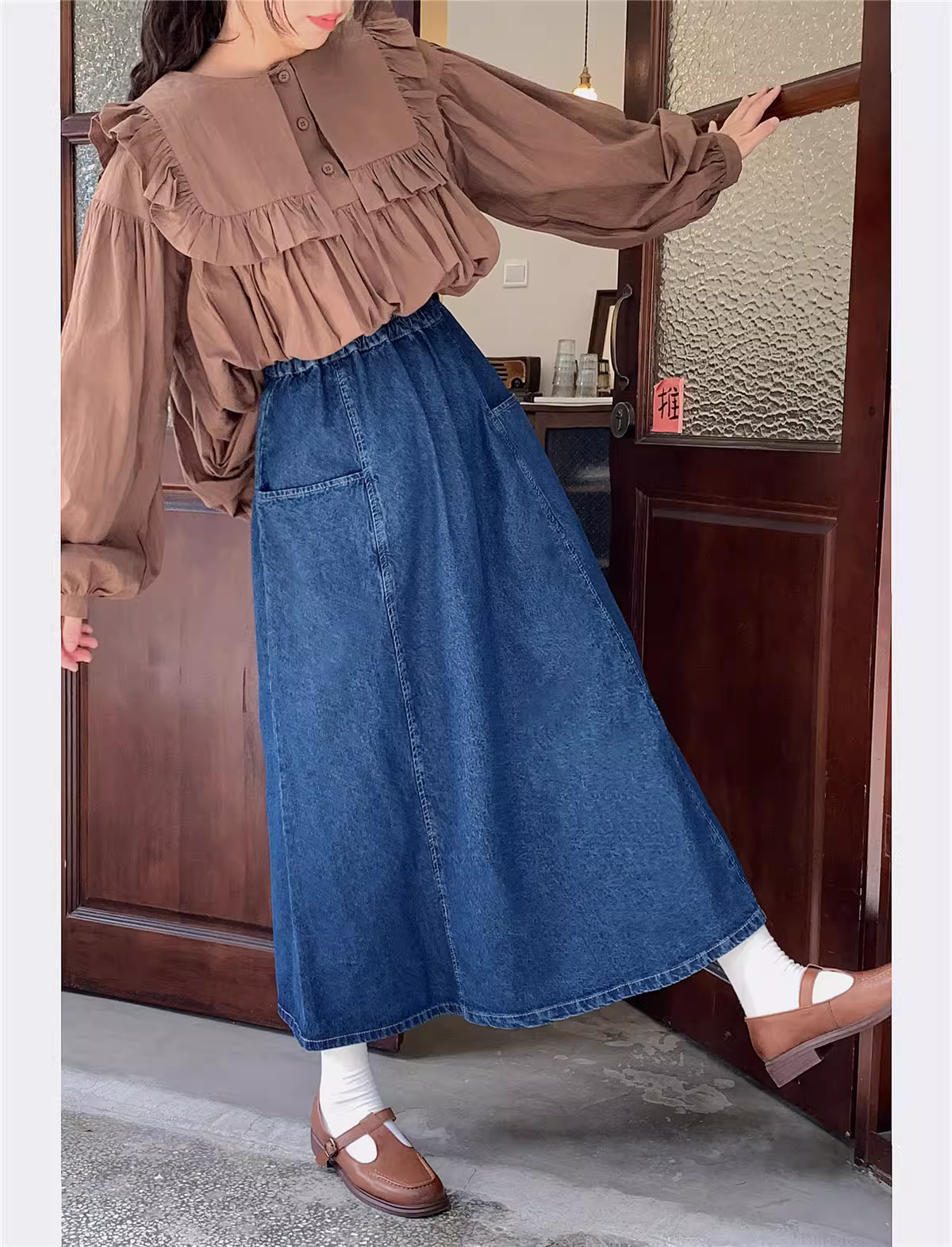 Dream Box 2023 Mùa Xuân Mới Vintage Màu Váy Denim Lưng Thun Túi Lớn Chữ A Giảm Béo Chiều Dài Trung Bình Váy