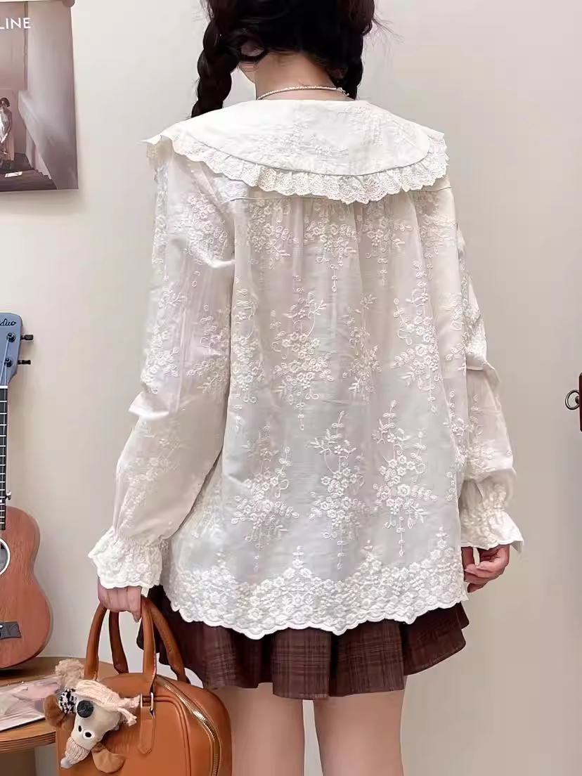 Áo sơ mi cotton thêu họa tiết mùa thu mới 2024 Dream Box dành cho nữ, cổ búp bê ren, tay dài, nhiều màu sắc, cúc áo, kiểu dáng rộng rãi