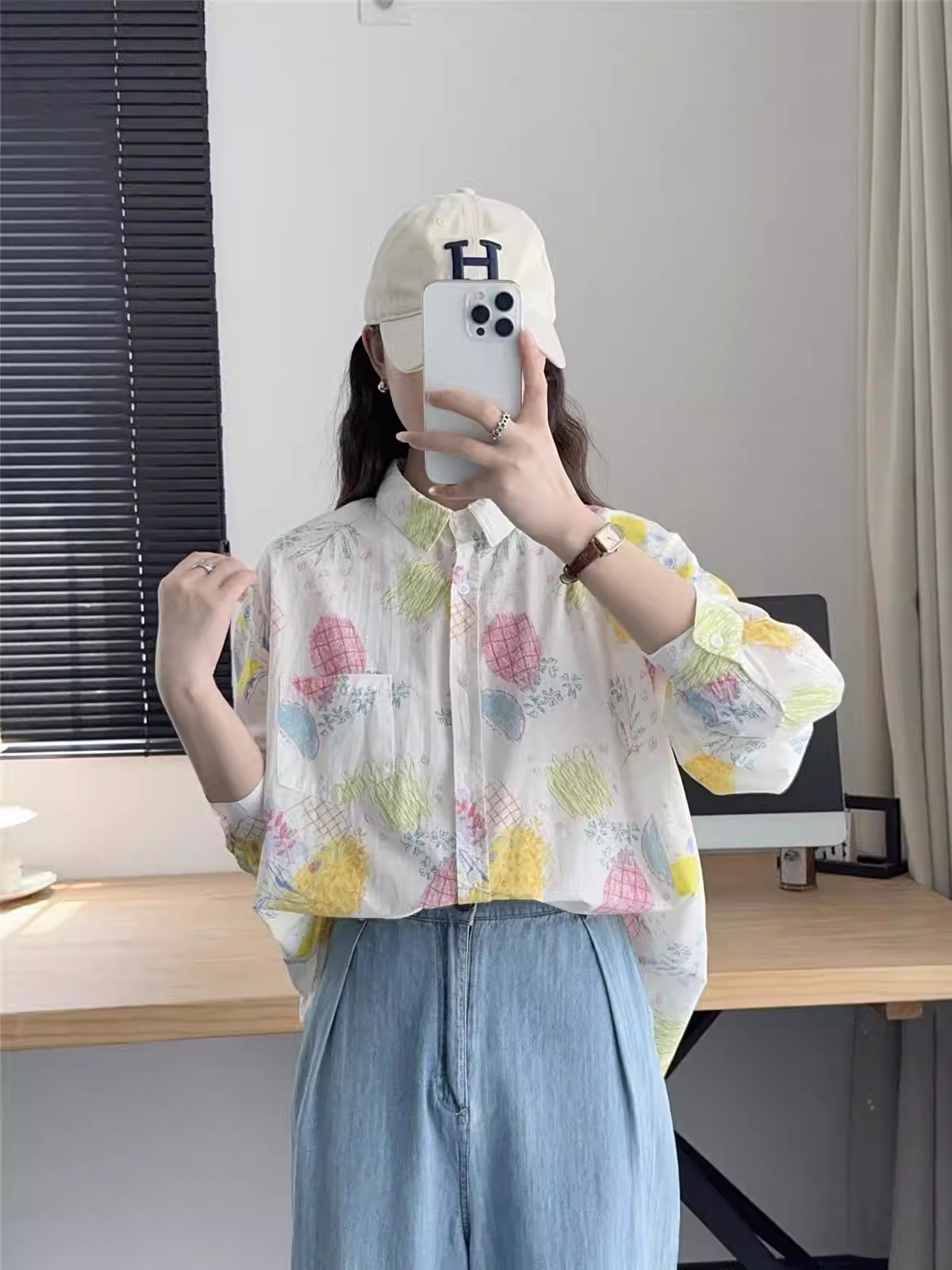 Áo sơ mi cotton in hình dứa ngọt mùa thu mới Dream Box 2024, cổ trụ, tay dài, dáng rộng, phong cách thường ngày