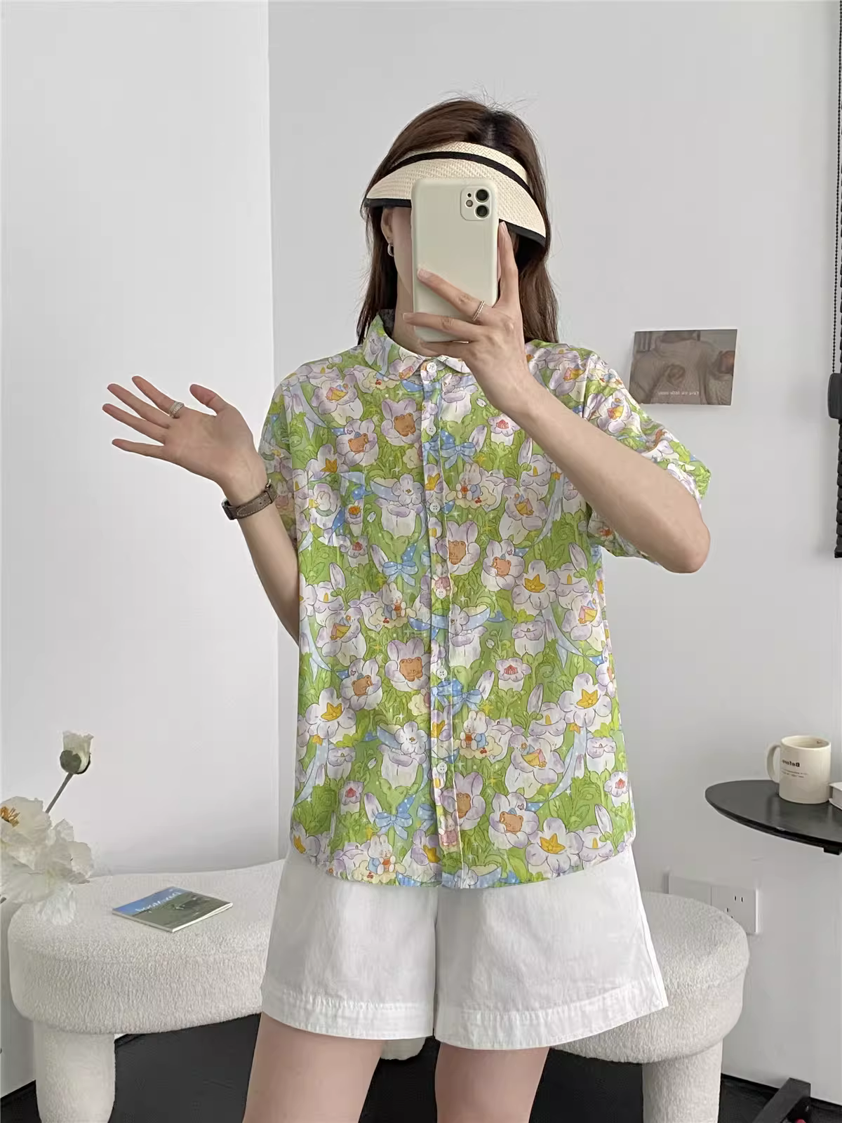 Áo sơ mi cotton in hoa tulip mùa hè mới Dream Box 2024, cổ sơ mi, tay ngắn, dáng rộng, phong cách thường ngày dành cho nữ