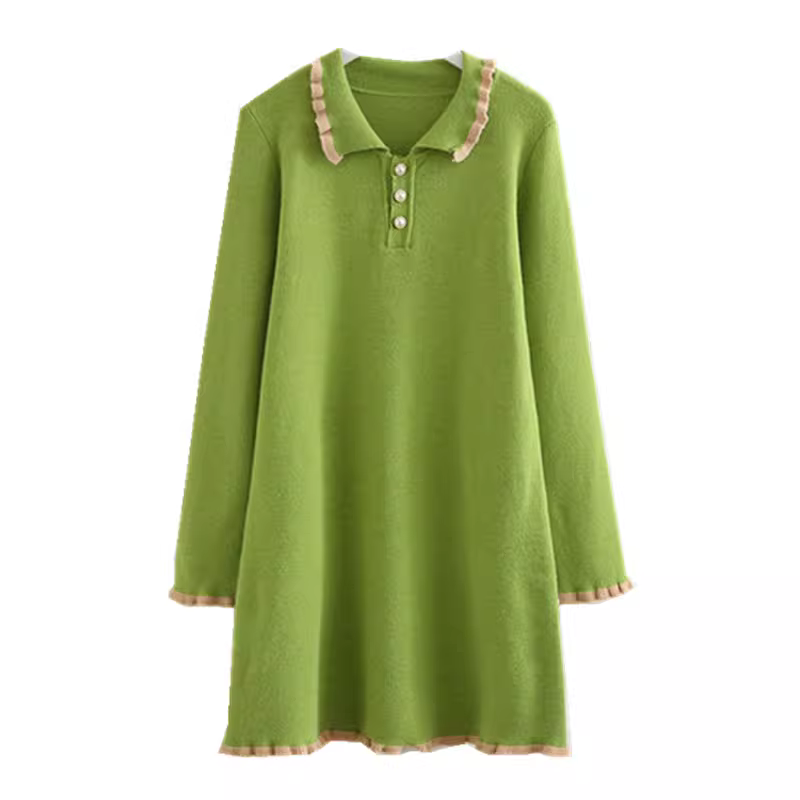 Đầm len dáng ôm màu trơn phong cách mới Xuân 2024 Dream Box dành cho nữ, tay dài, cổ tròn, viền bèo nhún.