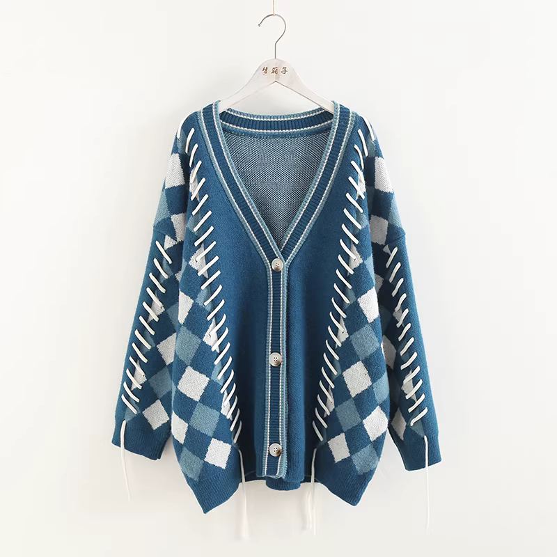 Áo len nữ dệt kim kẻ caro dáng rộng tay dài cổ V, kiểu dáng mới thu đông 2022, làm thủ công, kiểu dây buộc Dream Box
