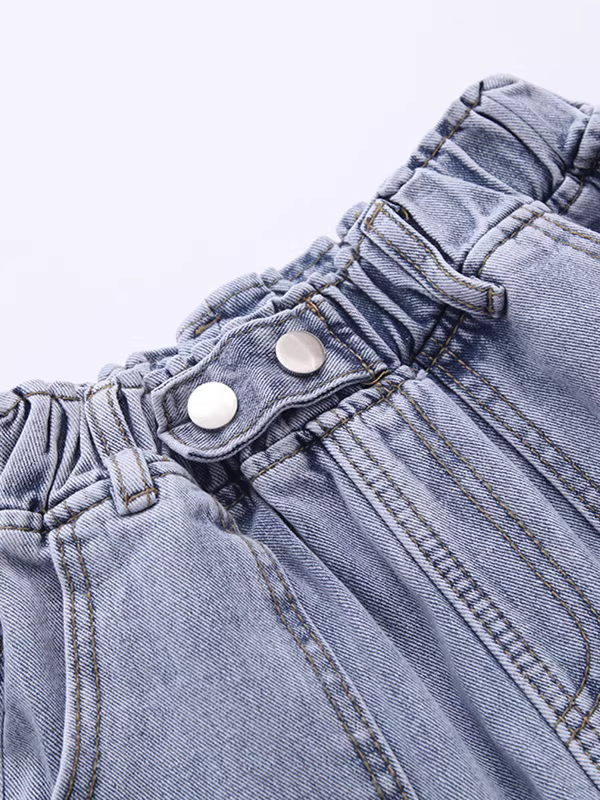 Quần short denim nữ dáng thẳng ôm body, cạp chun, túi lớn, kiểu dáng mới hè 2025, đa năng, bo gấu