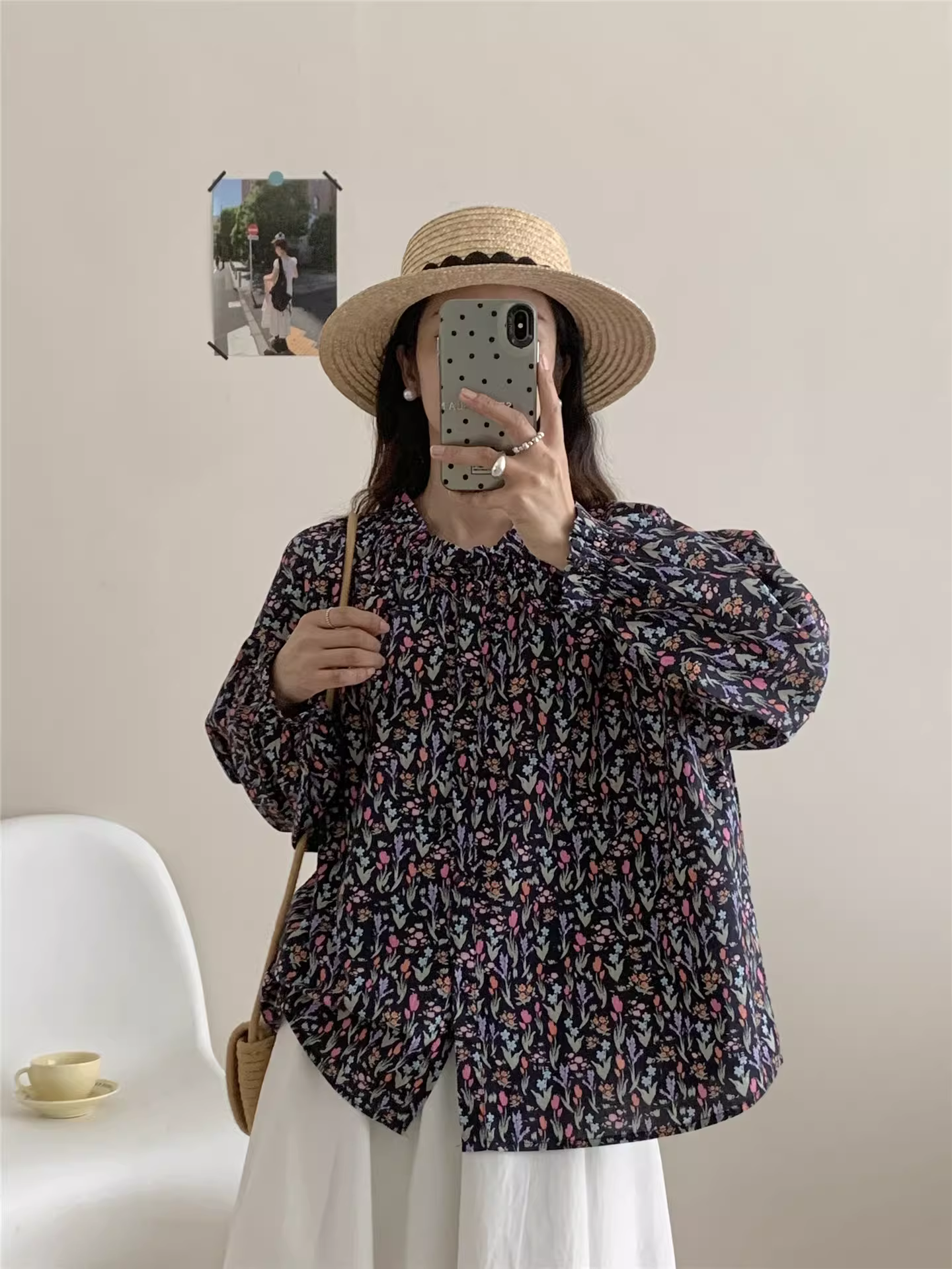 Áo sơ mi cotton in họa tiết hoa lan mùa thu Dream Box 2025, cổ trụ, tay áo trễ vai, dài tay, dáng rộng, áo nữ giảm tuổi tác.