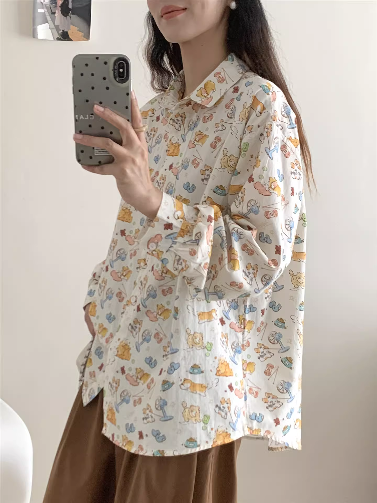 Áo sơ mi cotton in hình nhiều chú chó hoạt hình mùa thu mới Dream Box 2025, cổ trụ, tay dài, dáng rộng, trẻ trung dành cho nữ