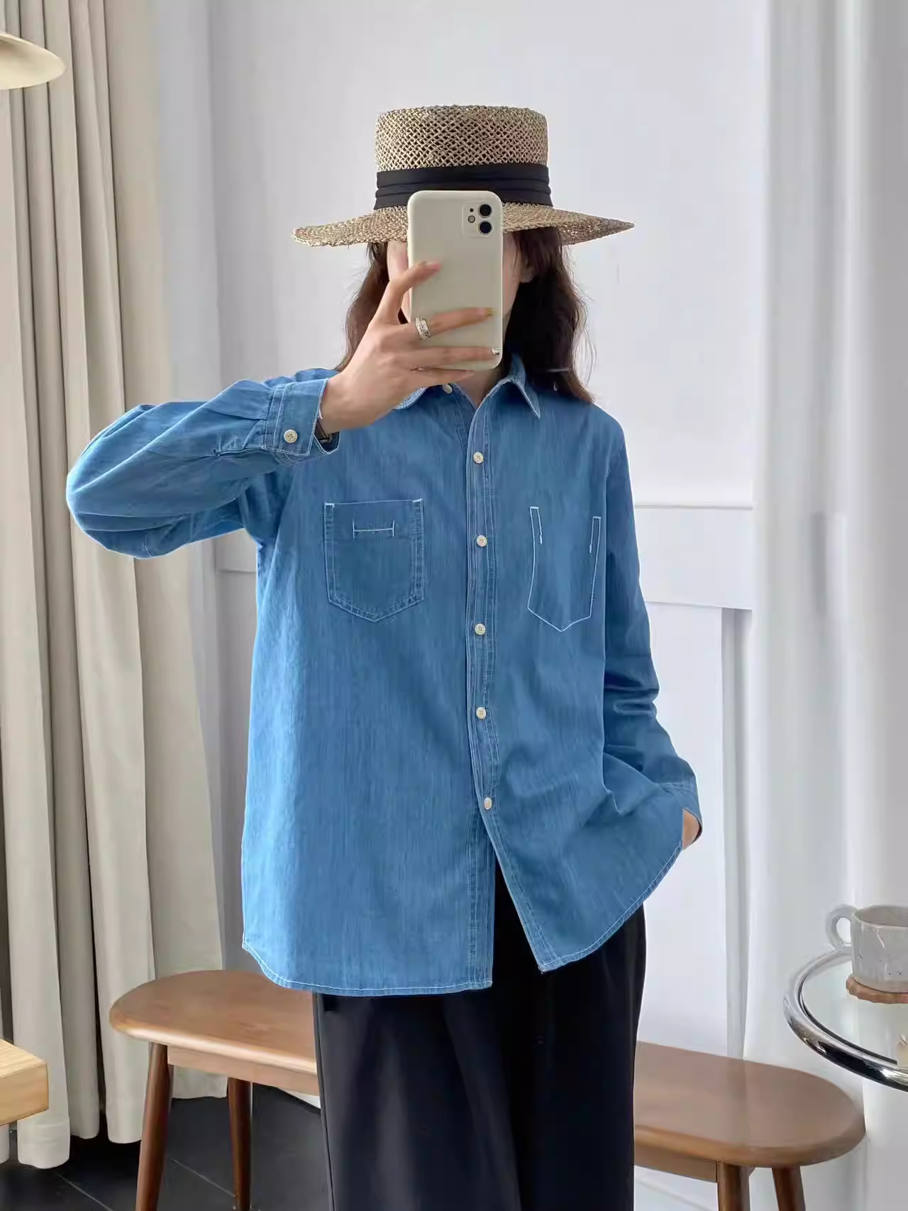 Áo sơ mi denim màu trơn đơn giản phong cách mới Xuân 2024 Dream Box, cổ trụ, tay dài, đa năng, dáng rộng, phong cách thường ngày