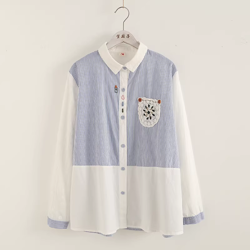 Áo sơ mi nữ cotton phối ren thêu tay dáng rộng cổ trụ tay dài Dream Box Thu 2022