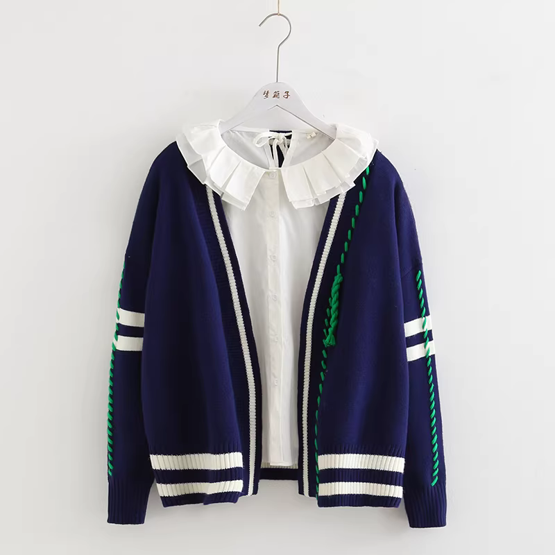 Áo khoác cardigan len dệt kim dáng rộng phối màu kiểu dáng mới Thu 2024 Dream Box dành cho học sinh, nữ sinh phong cách đại học