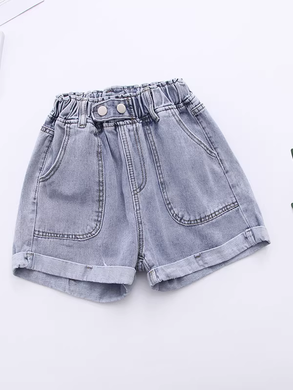 Quần short denim nữ dáng thẳng ôm body, cạp chun, túi lớn, kiểu dáng mới hè 2025, đa năng, bo gấu