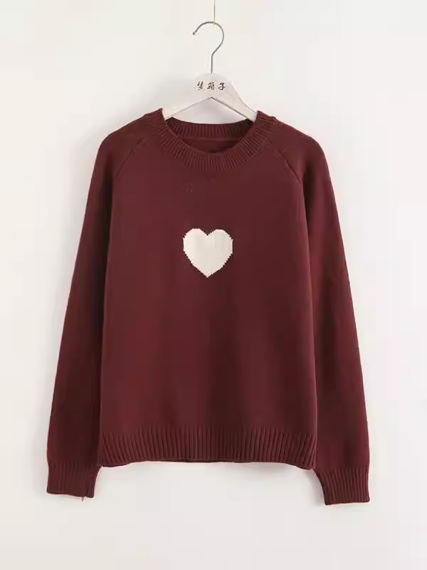 Áo len dệt kim hình trái tim phối màu, cổ tròn, tay dài, dáng rộng, họa tiết hoạt hình Dream Box Thu 2024