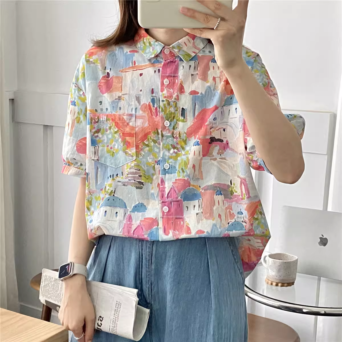 Áo thun cotton in họa tiết lâu đài graffiti mùa hè mới Dream Box 2024, cổ sơ mi, tay ngắn, dáng rộng, phong cách thường ngày