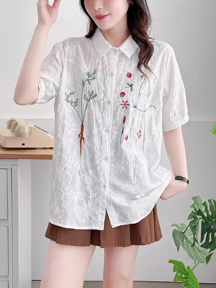 Áo thun cotton thêu họa tiết hoạt hình mùa hè Dream Box 2025, cổ sơ mi, tay ngắn, dáng rộng, trẻ trung